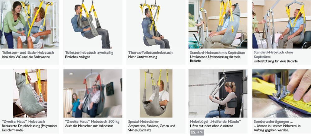 Übersicht über verschiedene Hebetücher und den Hebebügel
