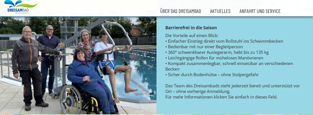 Ausschnitt aus der Website des Dreisambads. Links Bild mit Poollifter, wo eine Person im Hebebügel sitzt, davor eine Frau im Rollstuhl und 3 weitere Personen im Hintergrund. Rechts die Beschreibunt Barrierefrei in die Saison