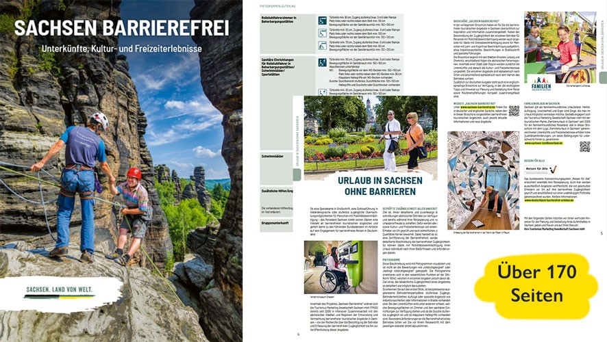 Seiten aus der Broschüre „Sachsen Barrierefrei“ für barrierefreien Urlaub. über 170 Seiten Tipps und Ziele.