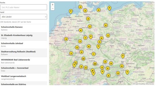 Karte mit Schwimmbadstandorten und Liste barrierefreier Schwimmbäder