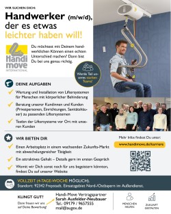 Stellenanzeige: Zur Verstärkung unseres Teams suchen wir für die Kundenberatung, Wartung und Installation von hochwertigen Medizinprodukten eine/n Rehaberater im Außendienst (m/w/d) oder Handwerker (m/w/d), der es etwas leichter haben will! Vollzeit (4-Tage-Woche möglich). Standort: 92342 Freystadt. Für das Einsatzgebiet Nord- und Ostbayern im Außendienst. Bild Mann im Hebebügel und Team.
