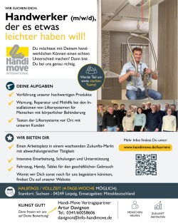 Stellenanzeige Standort 04249 Leipzig Mitteldeutschland Sachsen: Handwerker, Montage, Installation, Beratung Deckenlifter. Bilder: Mann im Hebebügel und Team.